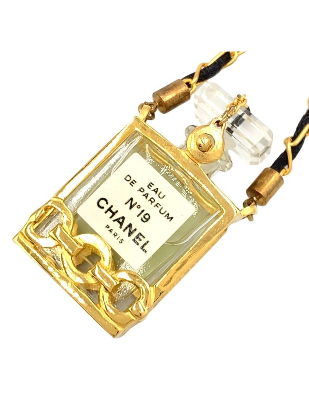 Chanel Perfume Bottle Nylon Glass Clear Gold Black Chain Necklace